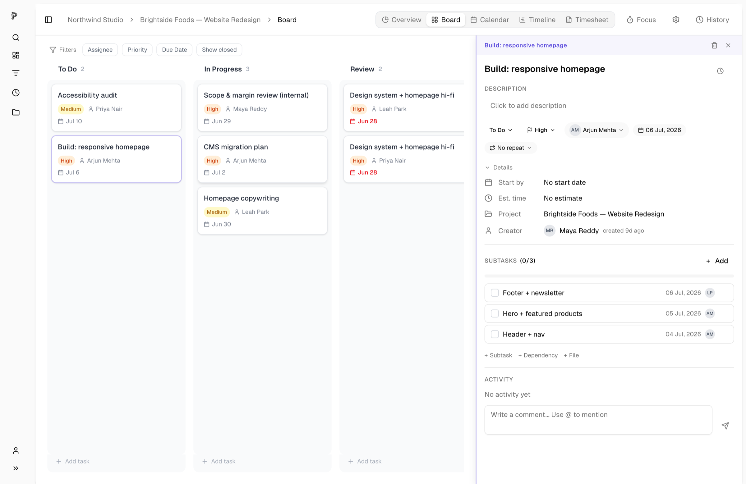 Pinrom task detail with async comments and @mentions